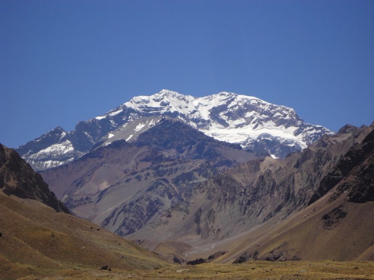 Mount Aconcagua landscape view with snow-capped summit and surrounding Andes
