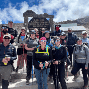 Trekkers posing at Kibo Hut on the Marangu Route, Mount Kilimanjaro