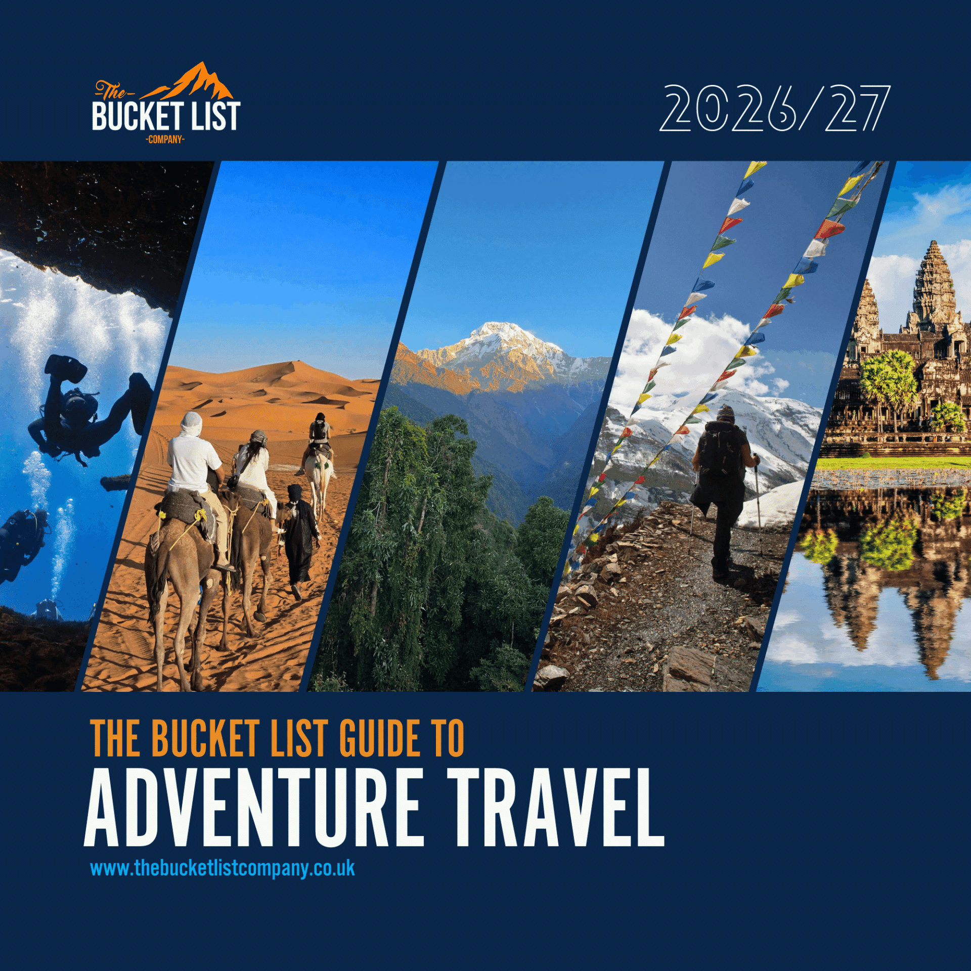 A travel brochure cover titled “The Bucket List Guide to Adventure Travel / ” features images of scuba diving desert trekking mountain views prayer flags and an ancient temple