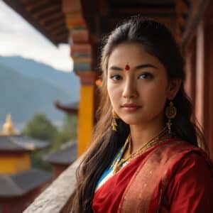 Young woman in red sari posing on balcony in bhutan