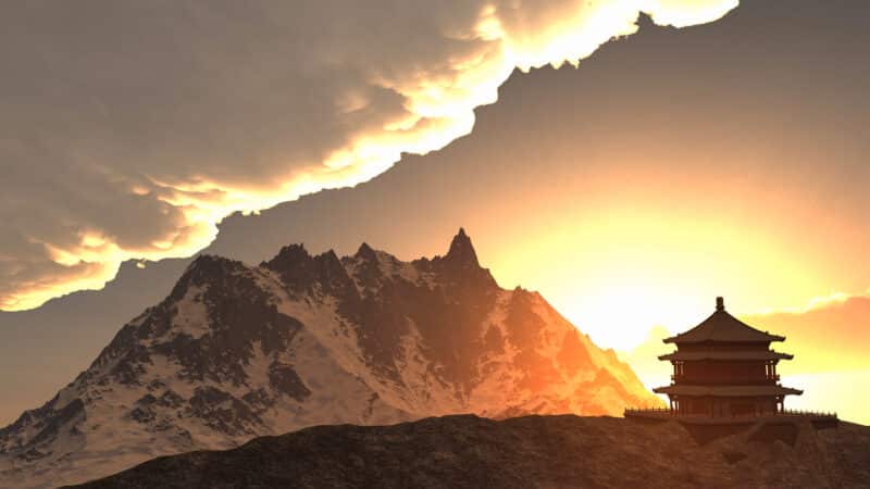 Sun temple Buddhist shrine in the Himalayas d rendering