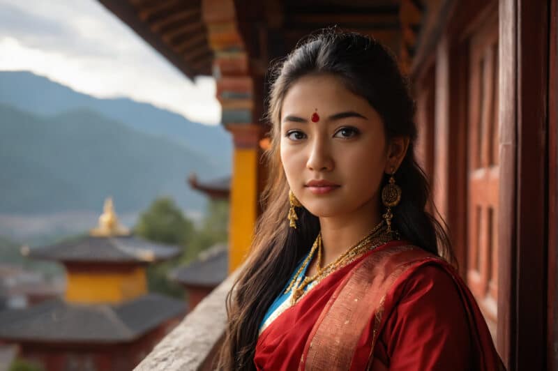 Young woman in red sari posing on balcony in bhutan