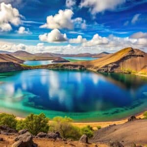 Volcanic crater lagoon in the Galápagos Islands surrounded by rugged terrain