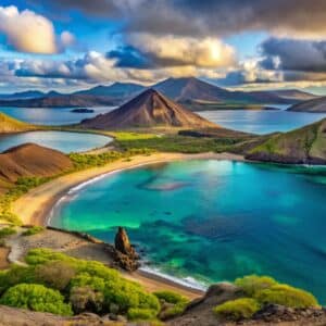 A panoramic view of Ecuador's Galápagos Islands features clear turquoise waters, sandy beaches, and lush green vegetation. Volcanic hills and formations rise above the island, under a dramatic sky filled with fluffy clouds.