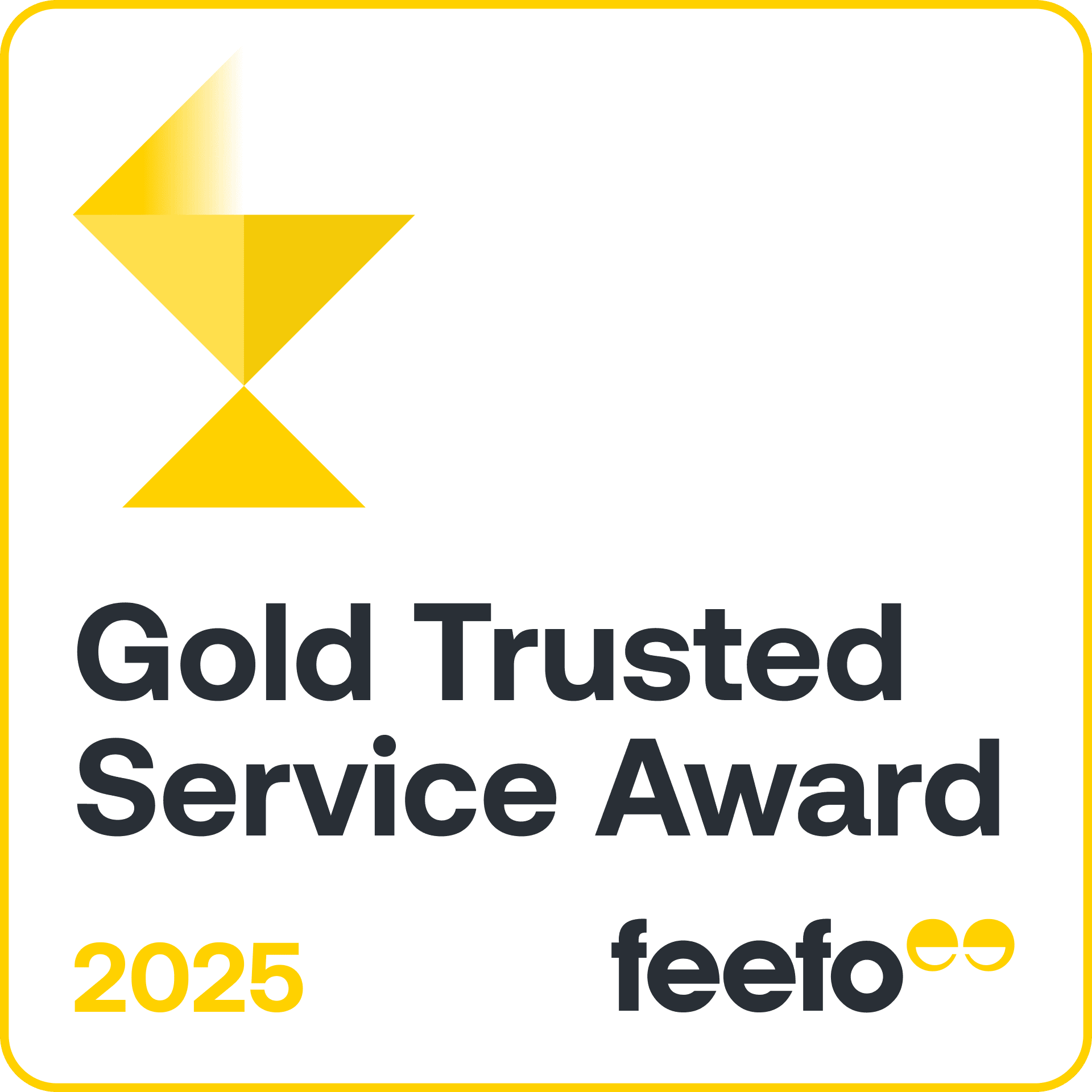 Yellow abstract trophy icon with the text "Gold Trusted Service Award " and the "feefo" logo featuring two yellow circles resembling eyes on the right The background is white