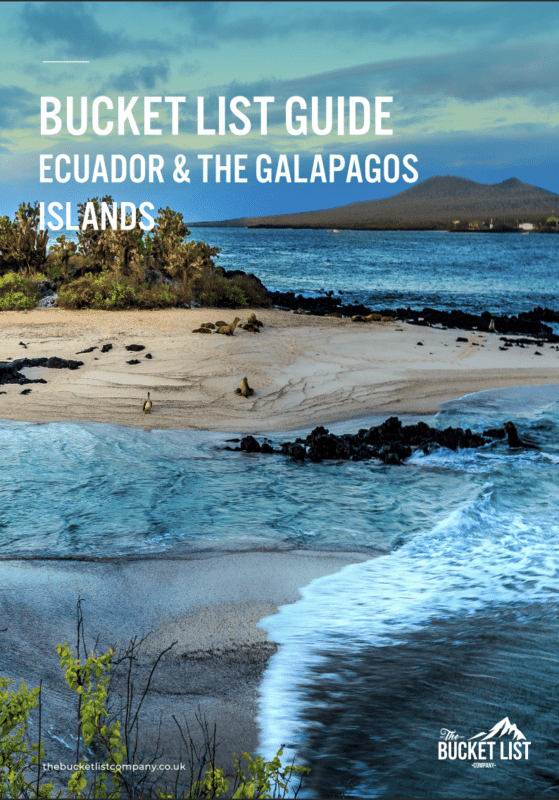 A scenic beach on the Galapagos Islands with clear waters and rocky shores In the background there's a view of distant islands Text overlay reads "Bucket List Guide: Ecuador & The Galapagos Islands " Logo at the bottom right