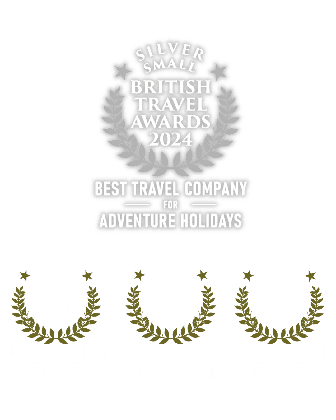 A set of five British Travel Awards badges The main badge is silver for "Best Travel Company for Adventure Holidays " Below it are three bronze badges for "Best Travel Company" in different regions