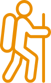 Simple orange line drawing of a person hiking with a backpack and walking stick