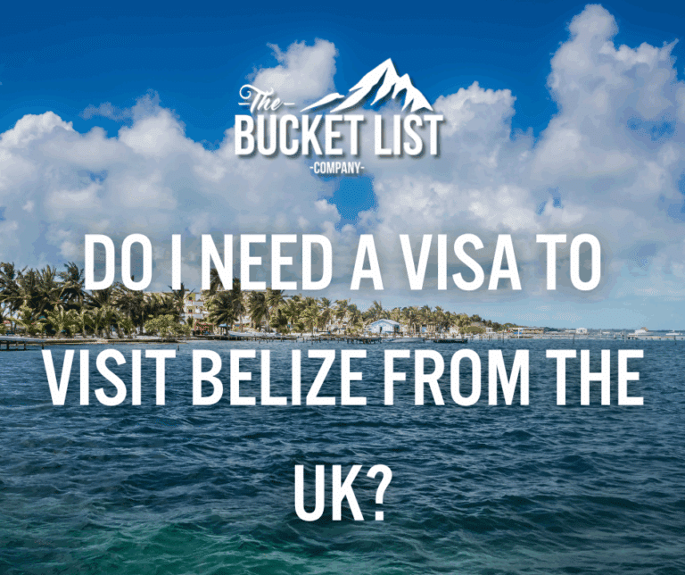 Tropical coastline with palm trees and blue skies featuring the text "Do I Need a Visa to Visit Belize from the UK?" and The Bucket List Company logo at the top