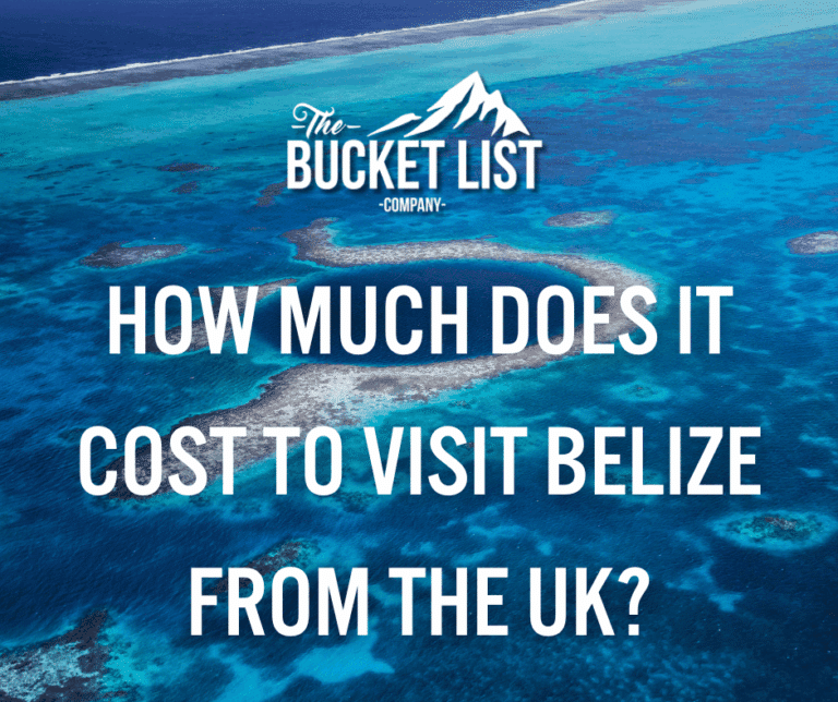 Aerial view of the Blue Hole in Belize with turquoise water White text reads: "How Much Does it Cost to Visit Belize from the UK?" The Bucket List Company’s mountain logo is displayed at the top