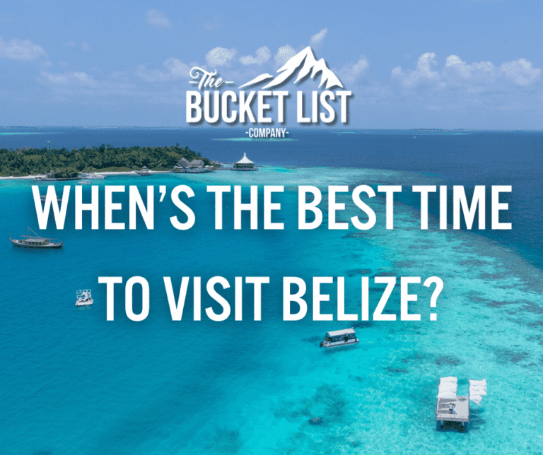 A tropical ocean scene with boats gliding on clear turquoise water near a small island overlaid with text: "The Bucket List Company When's the best time to visit Belize?