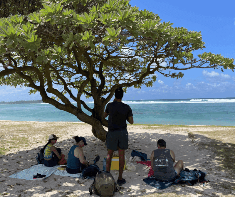 Group resting in the shade on a sandy beach in Mauritius with turquoise ocean in the background.