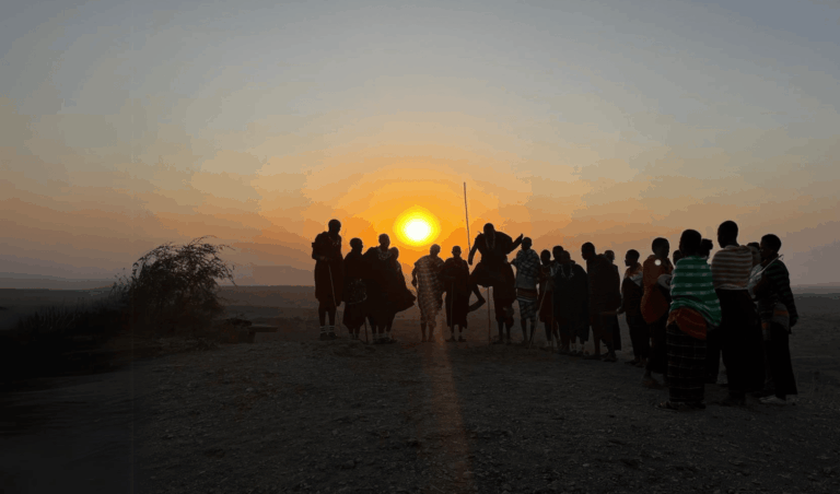 Maasai community gathering at sunset in northern Tanzania