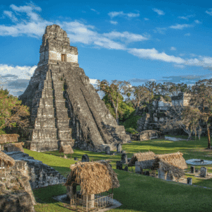 Ancient Mayan ruins rising above the jungle at Tikal National Park